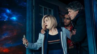Doctor Who season 13 episode one - The Doctor, Yaz and Dan in the TARDIS