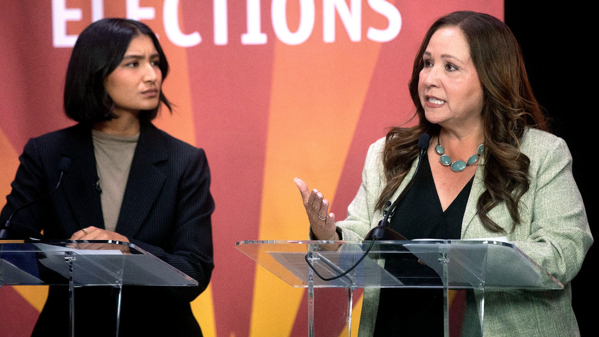 Arizona House candidates Deja Foxx and Adelita Grijalva are seen during a debate.
