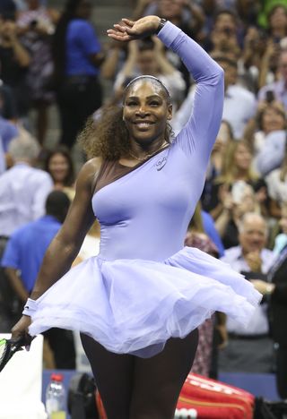 Serena Williams twirls on the US Open court wearing a custom Off-White leotard and tulle skirt