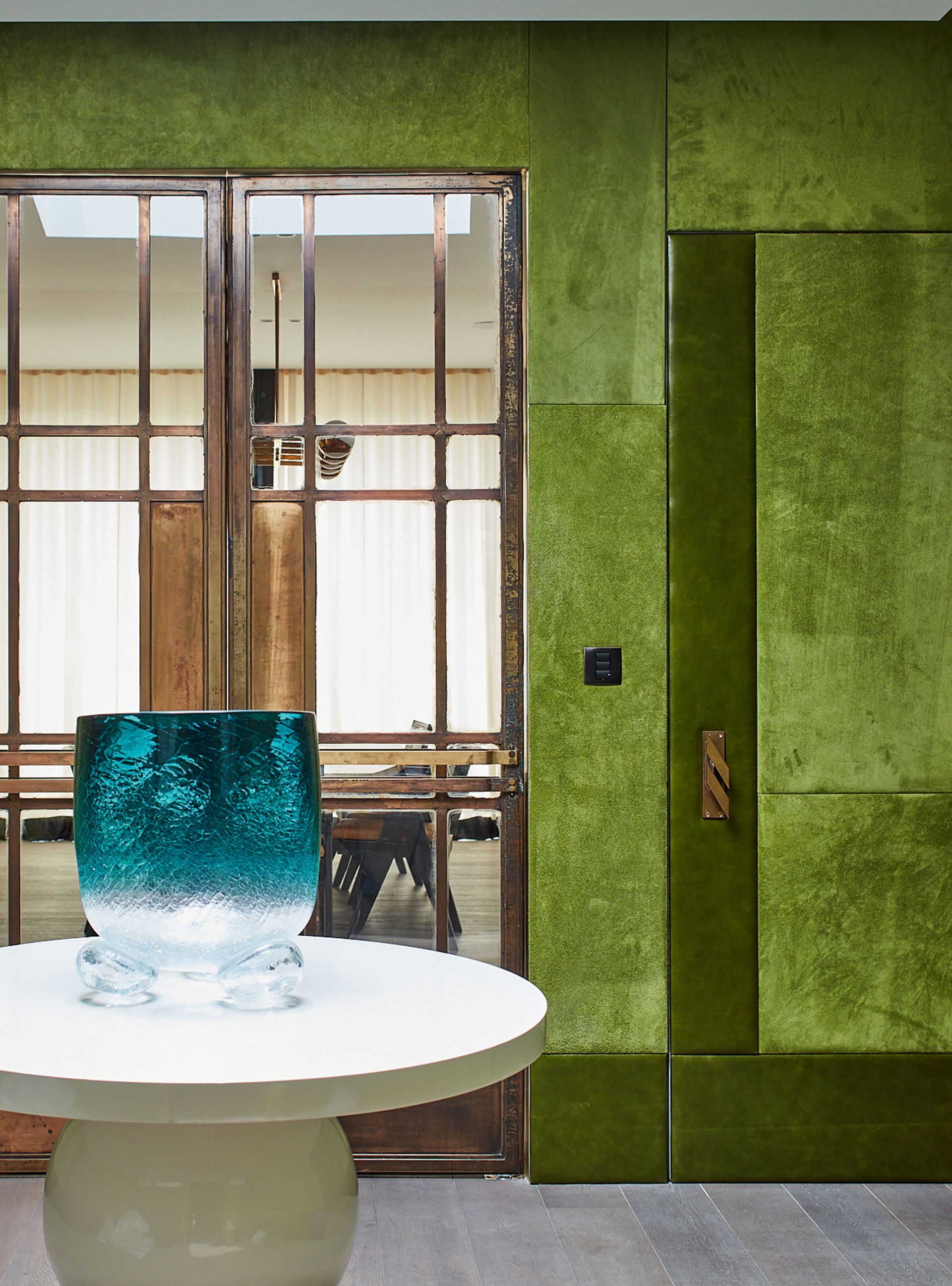 Landing with suede green walls