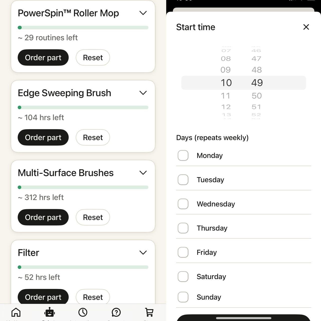 screenshots of the iRobot Roomba Max 705 Combo Robot Vacuum Cleaner and Mop app