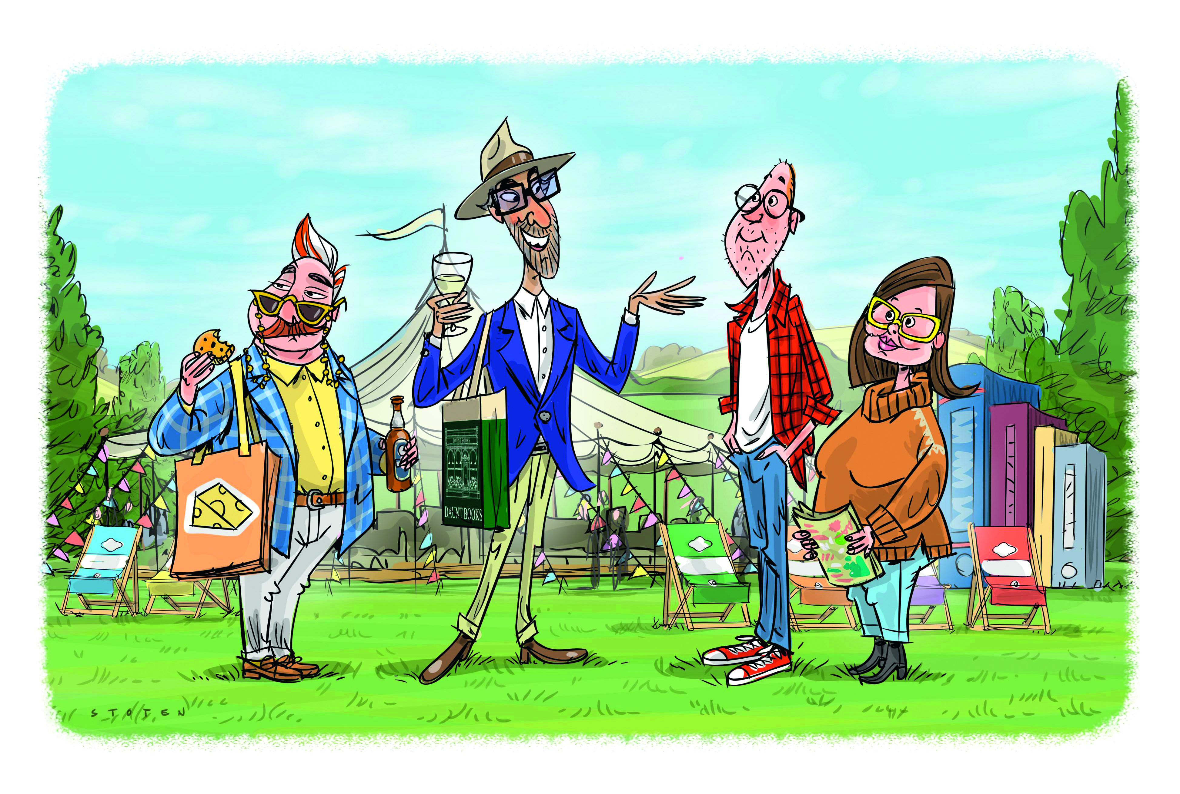 A couple chats with another couple on a sunny day at the Hay festival