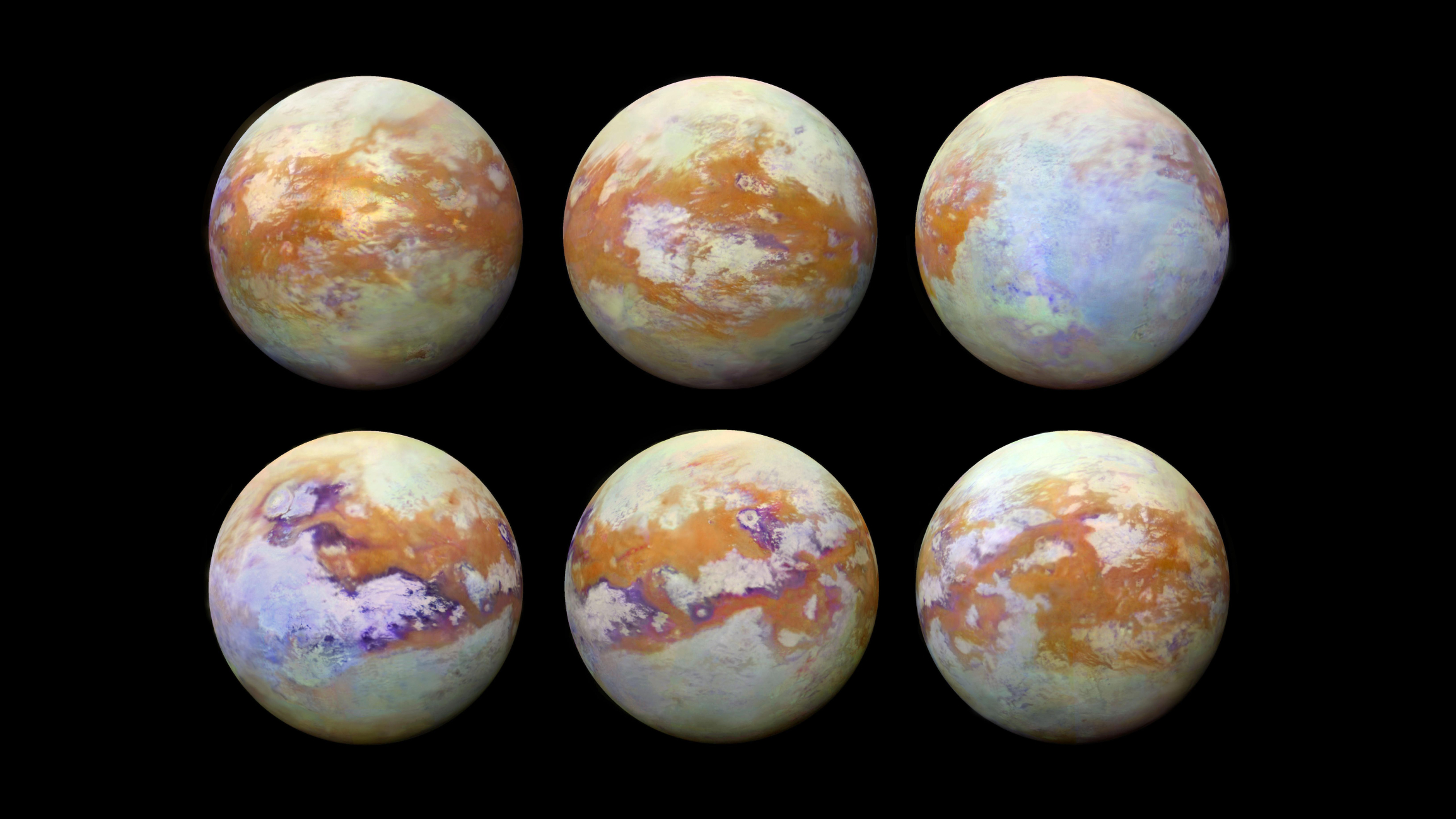 a composite of six views of titan showing a peculiar moon with red orange surface with some blue white and purple. , the moon’s equatorial dune fields appear a consistent brown colour, while bluish and purple hues may indicate materials enriched in water ice.