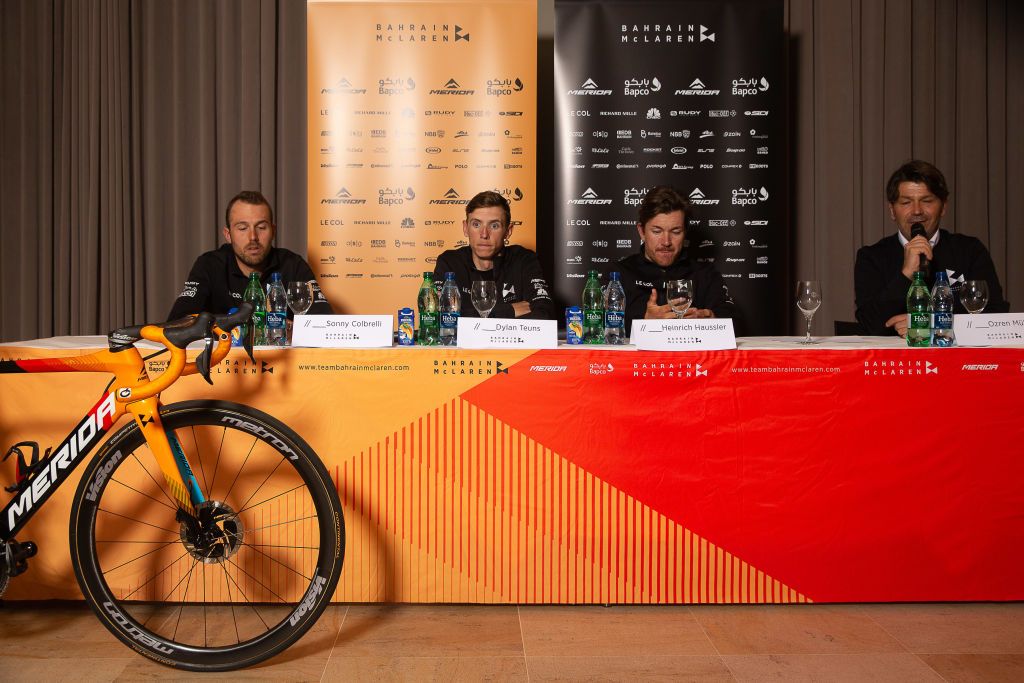 Illustration picture shows press conference of Bahrain MacLaren cycling team in Jortrijk ahead of the 75th edition of the oneday cycling race Omloop Het Nieuwsblad Friday 28 February 2020 BELGA PHOTO JAMES ARTHUR GEKIERE Photo by JAMES ARTHUR GEKIEREBELGA MAGAFP via Getty Images