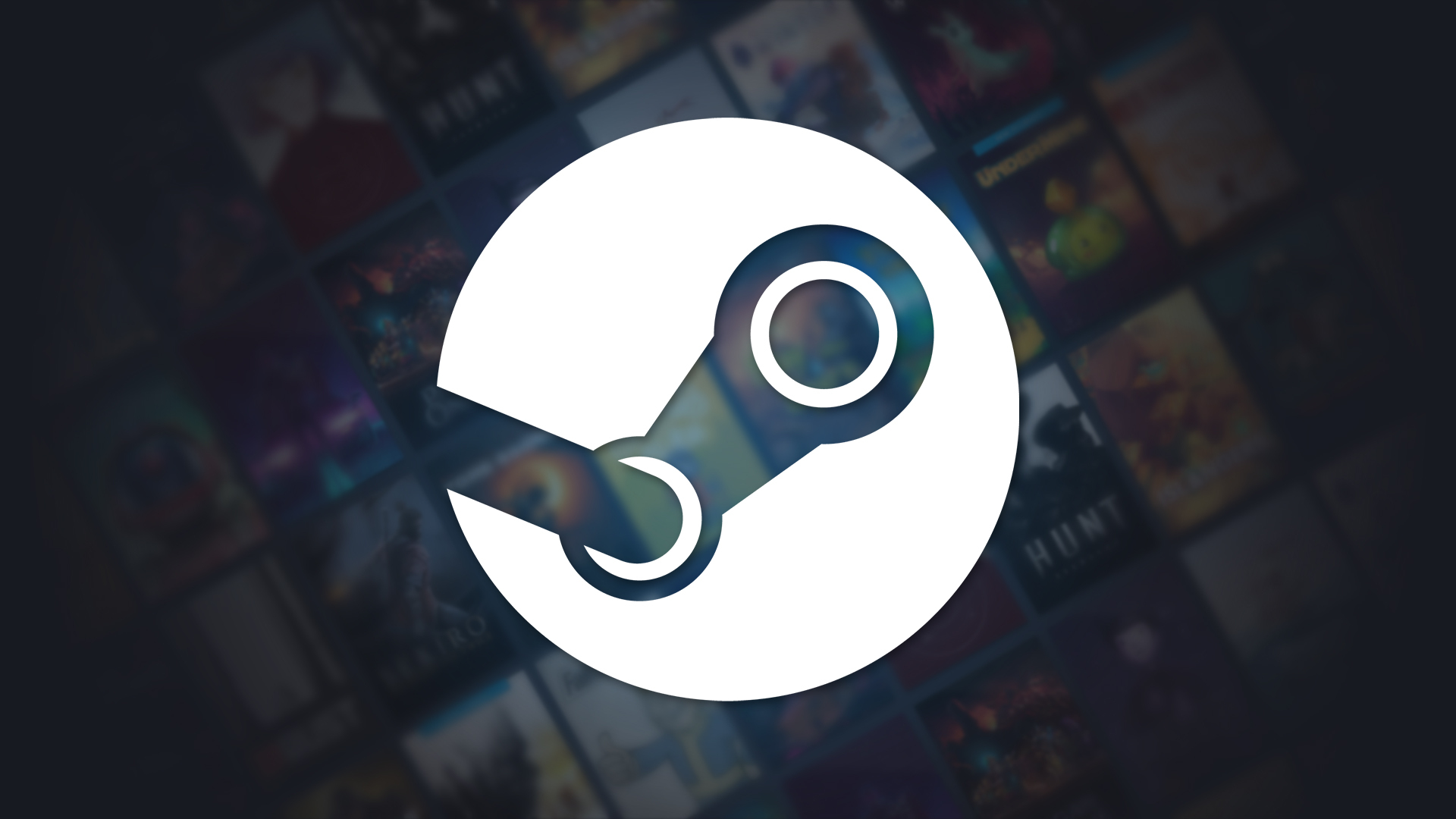 Logo of Steam with game covers in the background