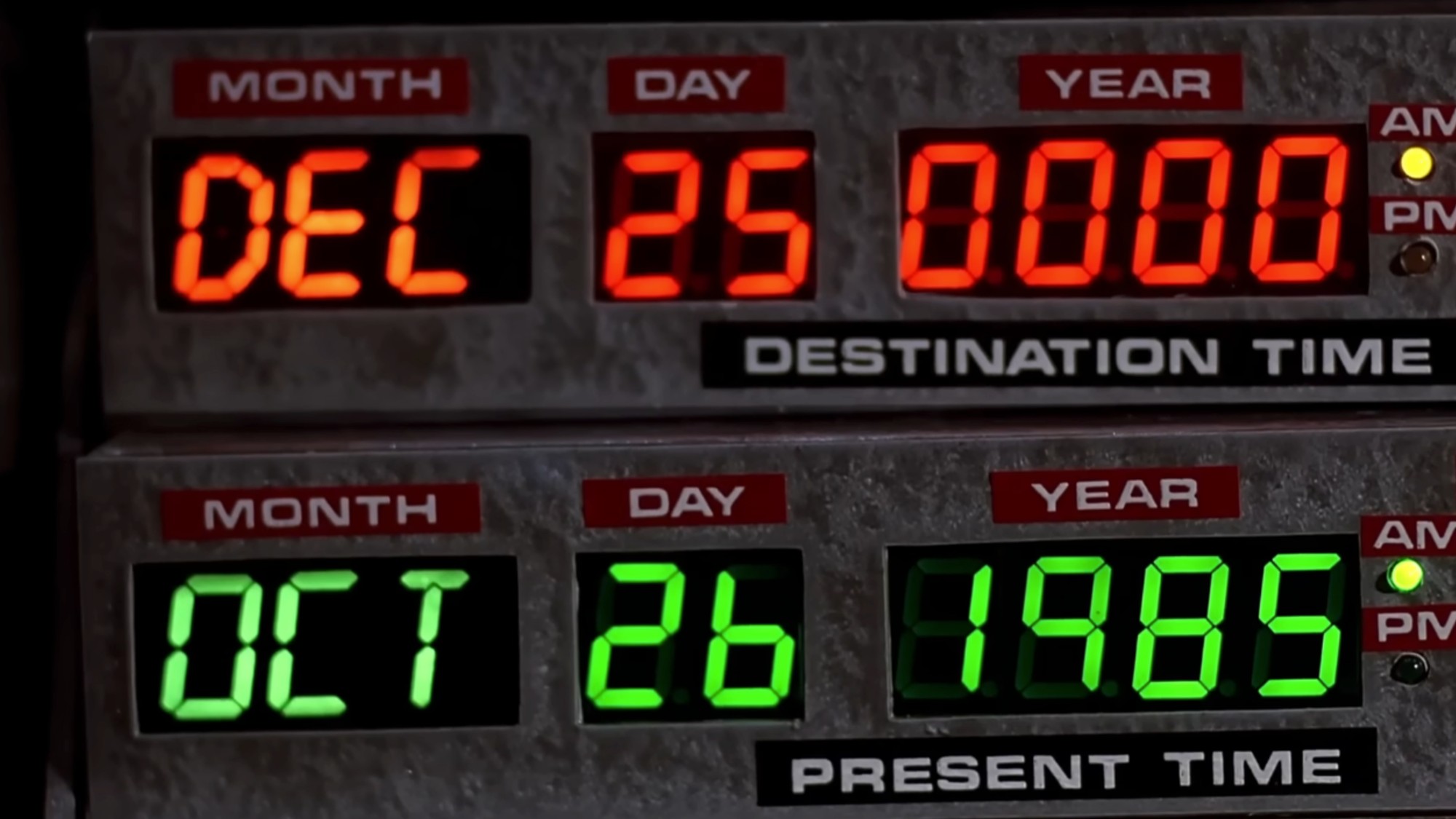 The date on the DeLorean reading 'OCT 26 1985'