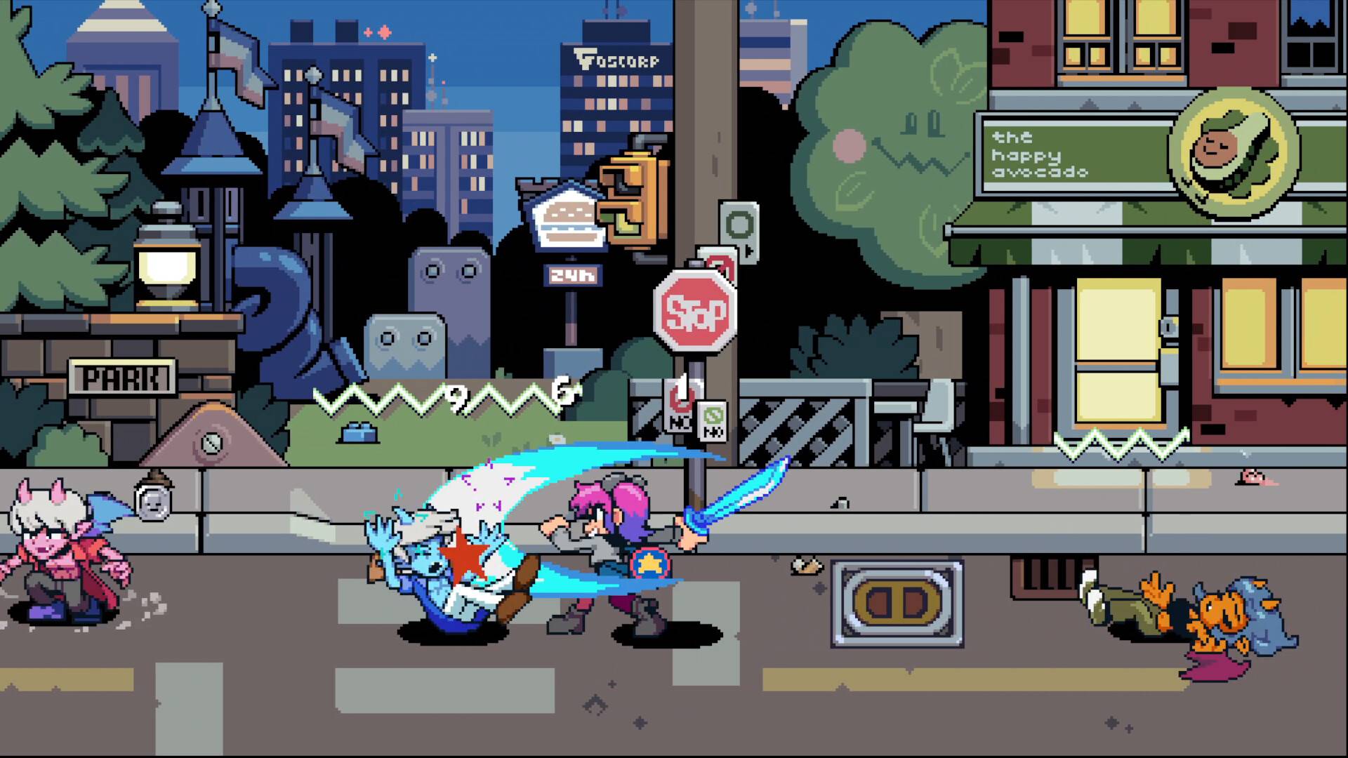 A Scott Pilgrim EX screenshot shows Ramona Flowers attacking an enemy with a sword.