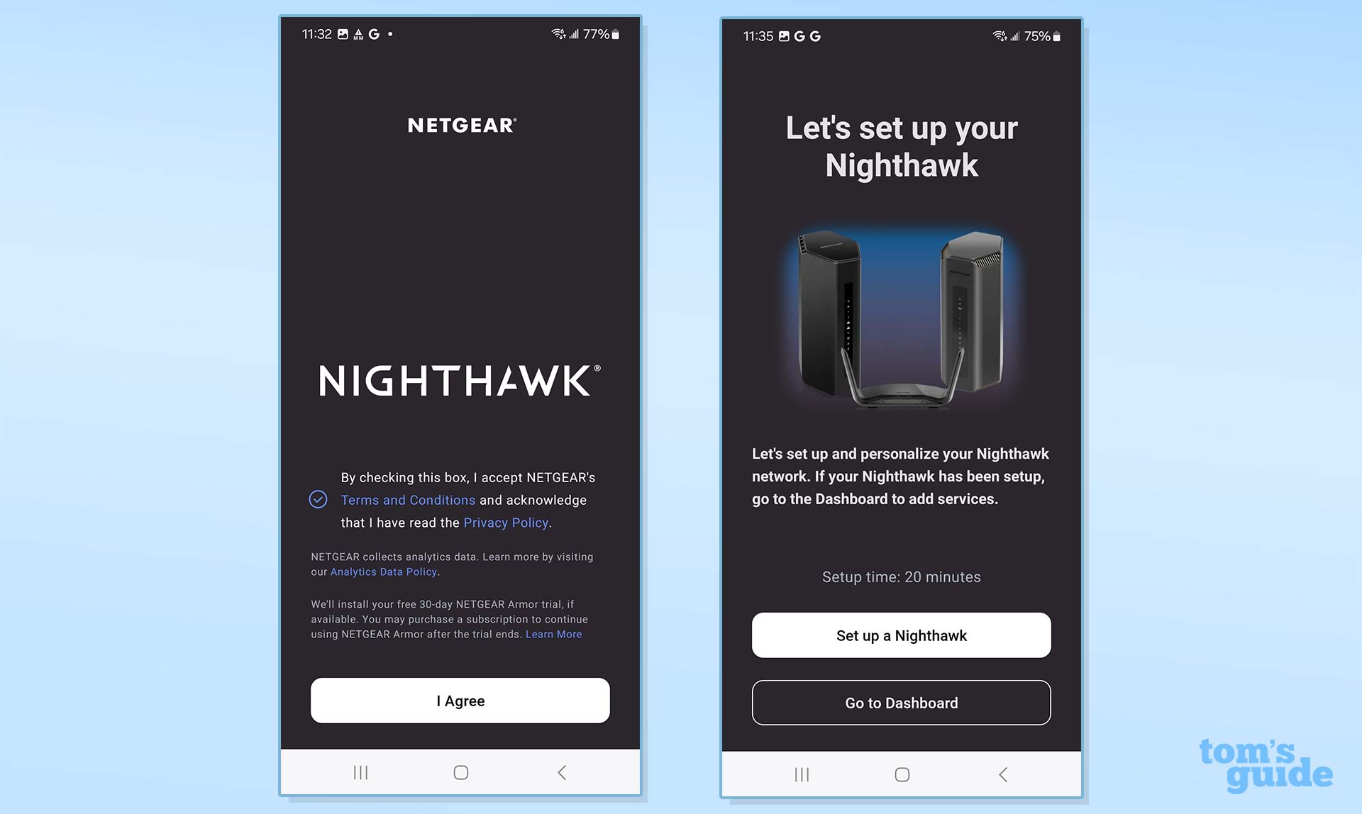 Screenshots showing the Netgear EAX17 terms and set up menu