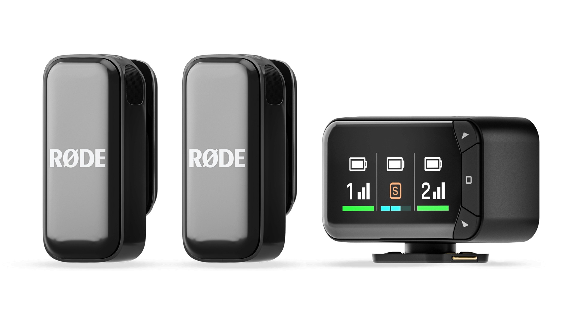 A close-up view shows the RØDE Wireless GO II components: two black clip-on transmitters positioned next to the small receiver unit which features a bright LCD screen.