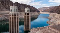 A view of Lake Mead from the Hoover Dam. Water levels are much lower than the high-water mark.