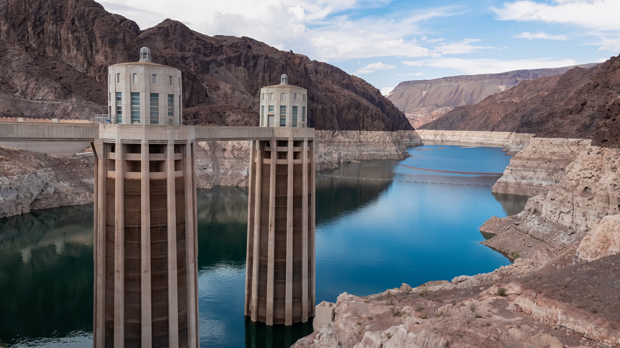 A view of Lake Mead from the Hoover Dam. Water levels are much lower than the high-water mark.