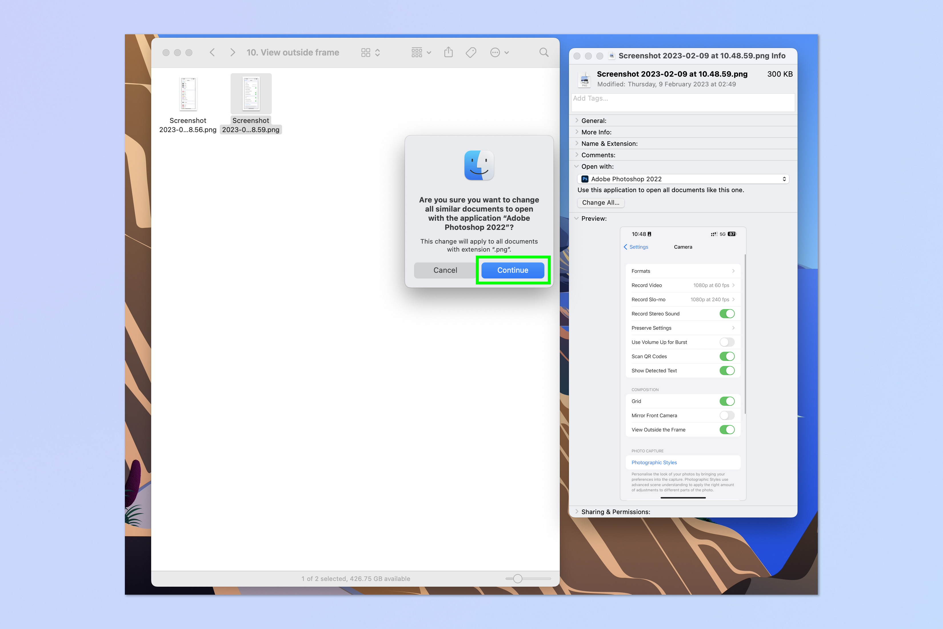 Screenshots showing the steps needed to change default apps on a Mac