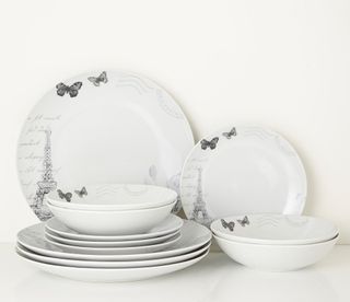 Paris 12 Piece Dinner Set white with images of butterflies and paris in grey - 4 large plates, 4 small plates, 4 bowls