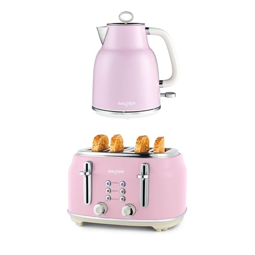Salter Retro Pink Kettle &amp;amp; Toaster Set &amp;ndash; 1.7l Fast Boil Kettle With Removable Limescale Filter, 4-Slice Wide Slot Toaster for Thick Bread/bagels, Blue Indicator Lights, Vintage Design, 3kw/1630w