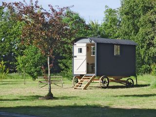 a dark grey shepherd's hut in a vast green expanse with trees