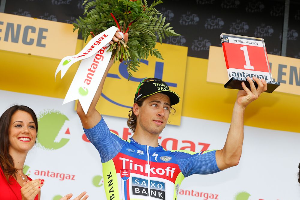 Peter Sagan collects the prize for most combative rider during stage 15.
