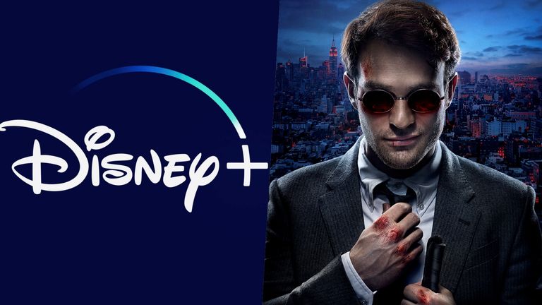 Disney Plus logo and Charlie Cox as Matt Murdock in Daredevil