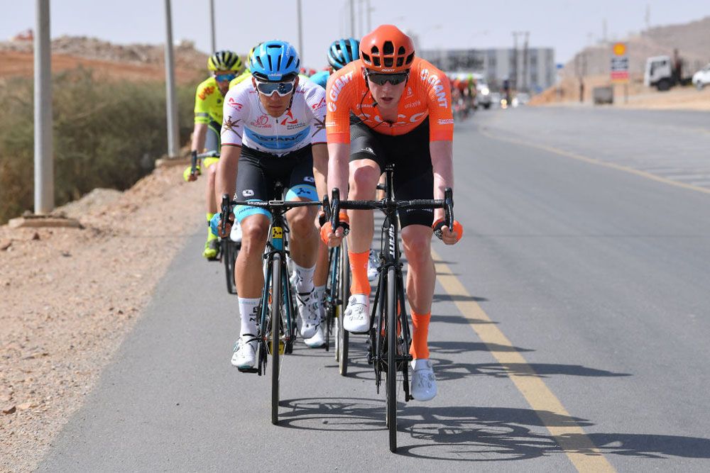CCC Team lead the peloton on stage 2 of the Tour of Oman