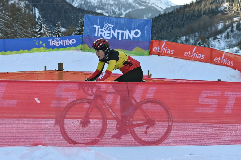 Belgian Sanne Cant pictured in action during the track reconaissance ahead of the Cyclocross World Cup race in Val di Sole Italy Saturday 11 December 2021 stage ten out of 16 in the World Cup of the 20212022 season BELGA PHOTO DAVID STOCKMAN Photo by DAVID STOCKMANBELGA MAGAFP via Getty Images