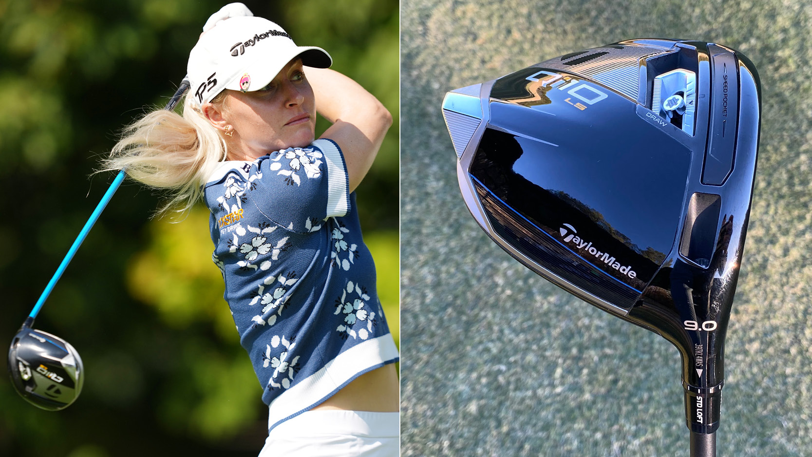 Charley Hull hits a driver, with a close up of the driver next to it