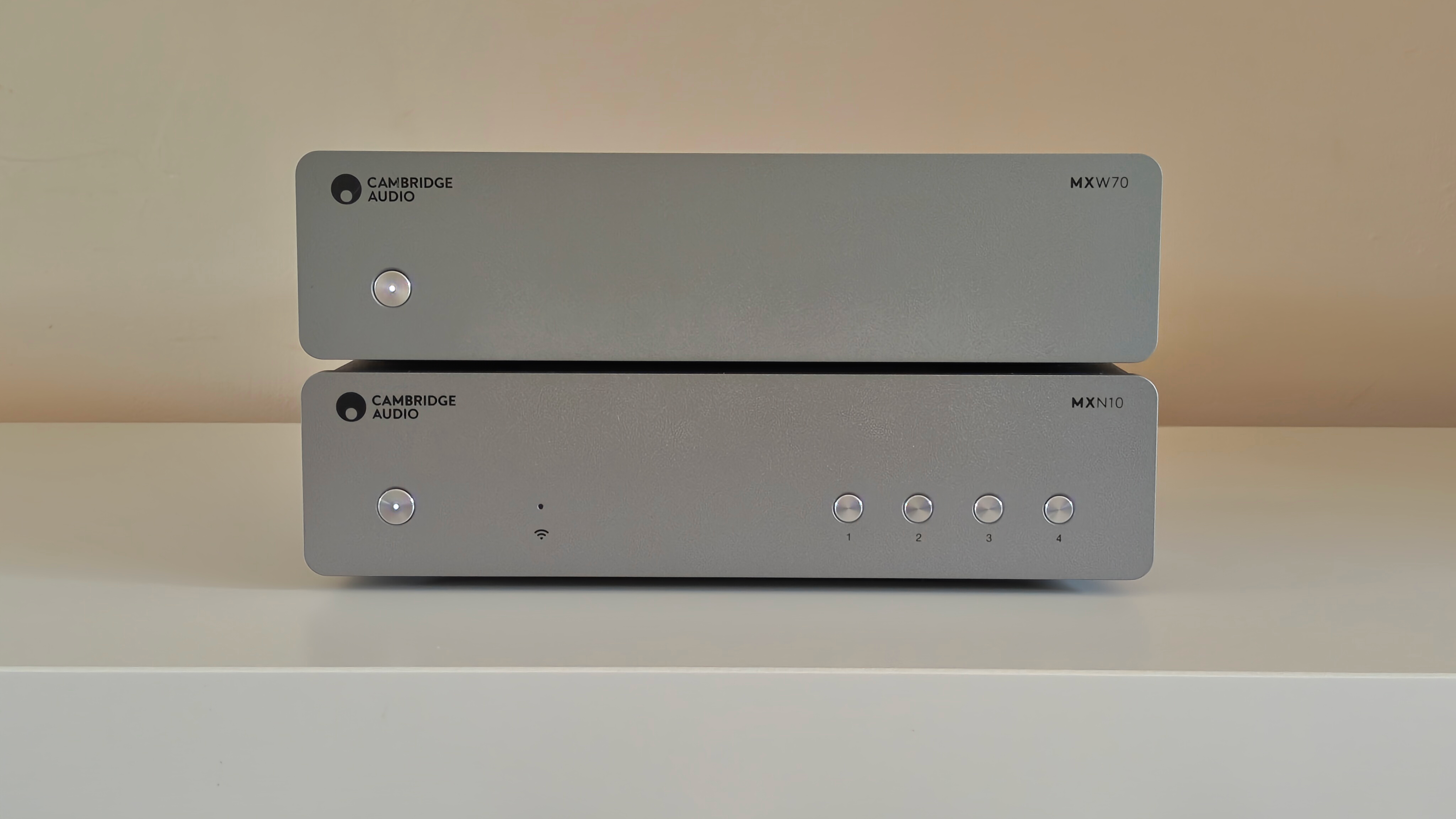 Cambridge Audio MXW70 power amp with streamer on desk