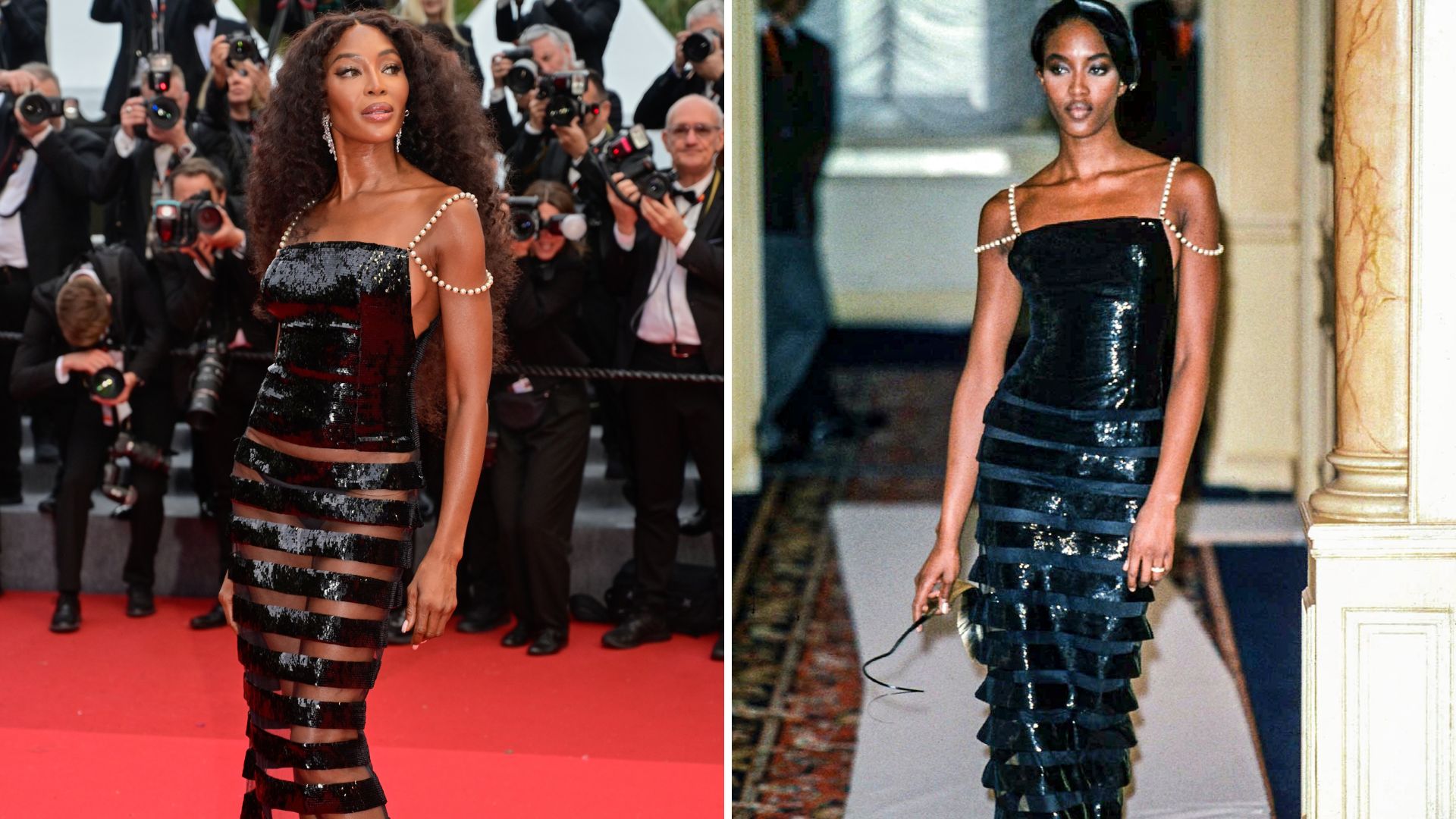 L-Naomi Campbell on the Cannes red carpet, R- Naomi Campbell for a Chanel fashion show in 1997