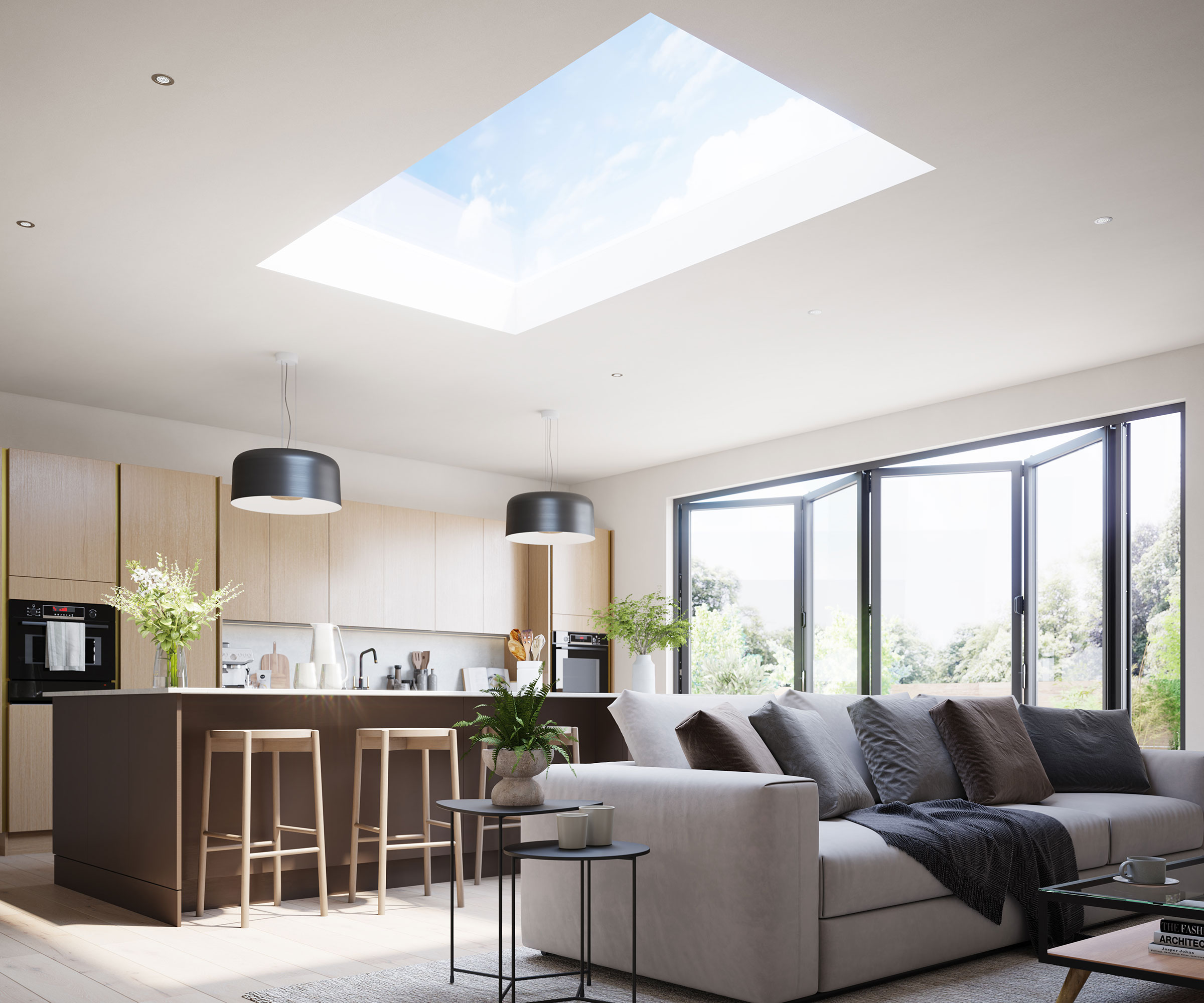 modern flat rooflight in a kitchen and living room extension