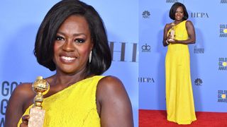 viola davis in a yellow one shoulder sequin dress at the 2017 golden globes