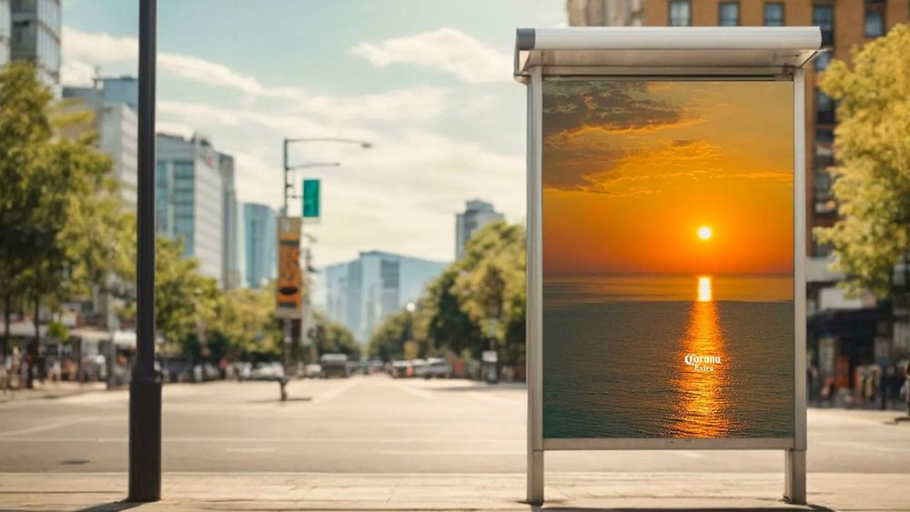 A Corona beer billboard advert showing an optical illusion in which the sunset looks like a beer bottle