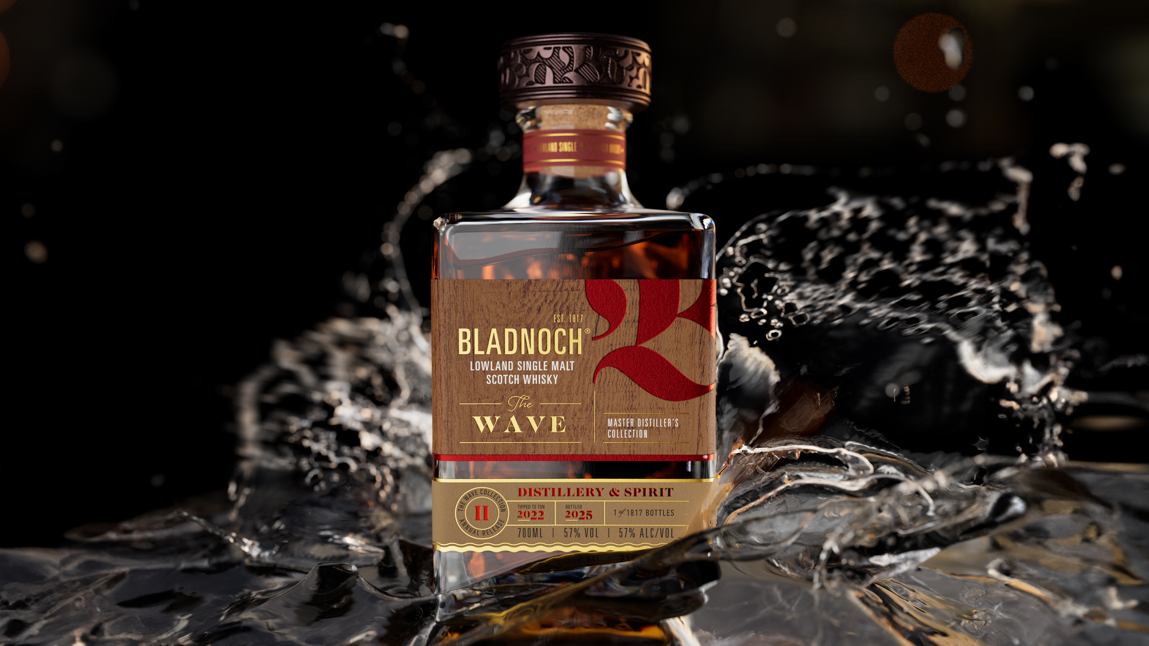 an image of the new Wave II Bladnoch whiskey which is semi-submerged in water. The bottle has a small wave breaking around it