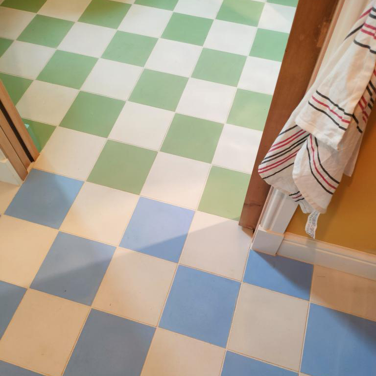 blue and green checked tiled flooring