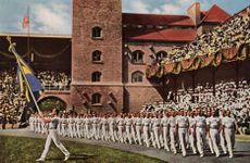 Swedish gymnasts enter the old stadium in Stockhom in the 1912 Olympic Games.