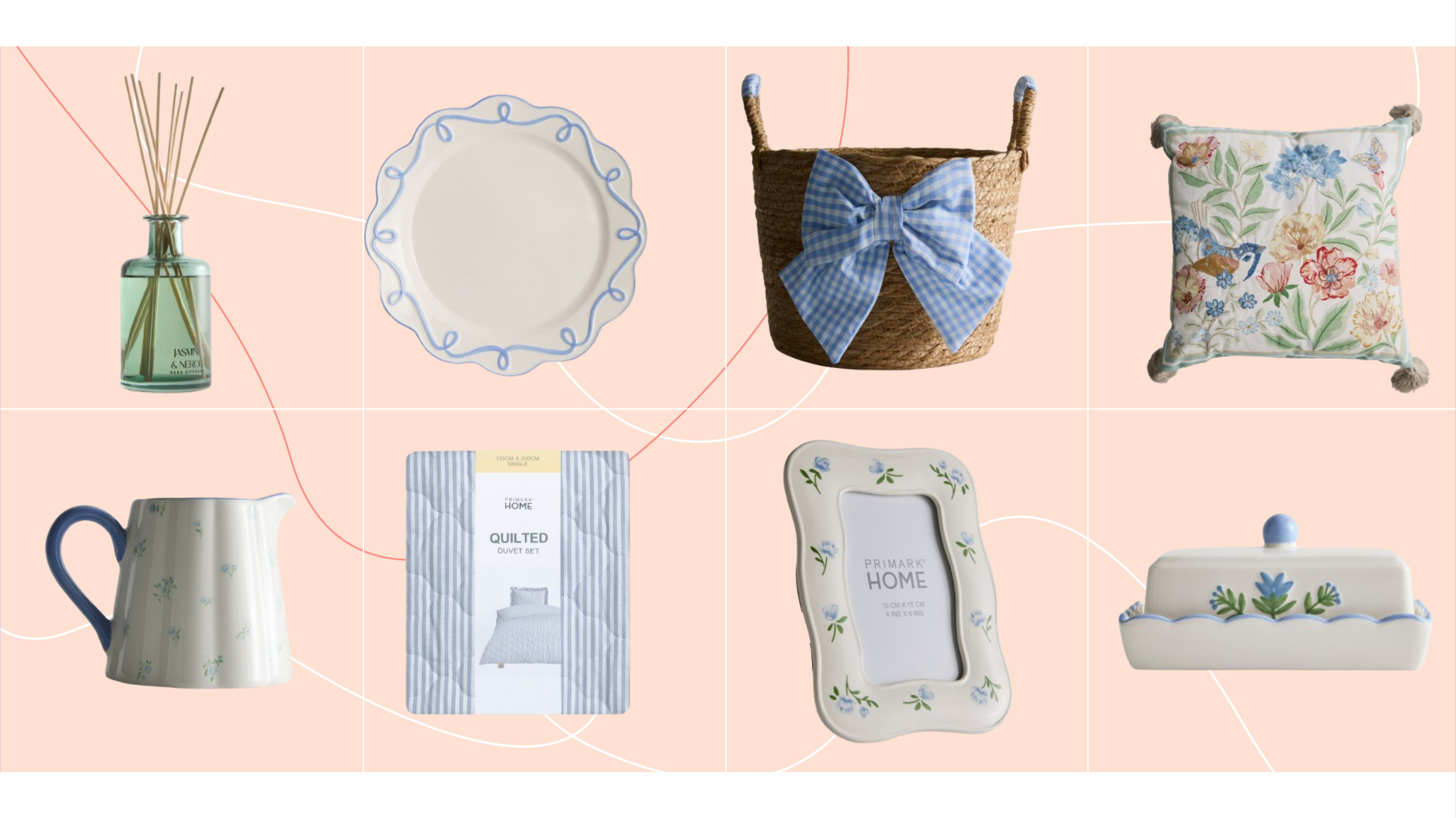 Primark diffuser, plate, storage basket, cushion, jug, duvet cover, frame and butter dish.
