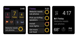 Skjermbilder fra appen OmniFocus 3 på en Apple Watch.