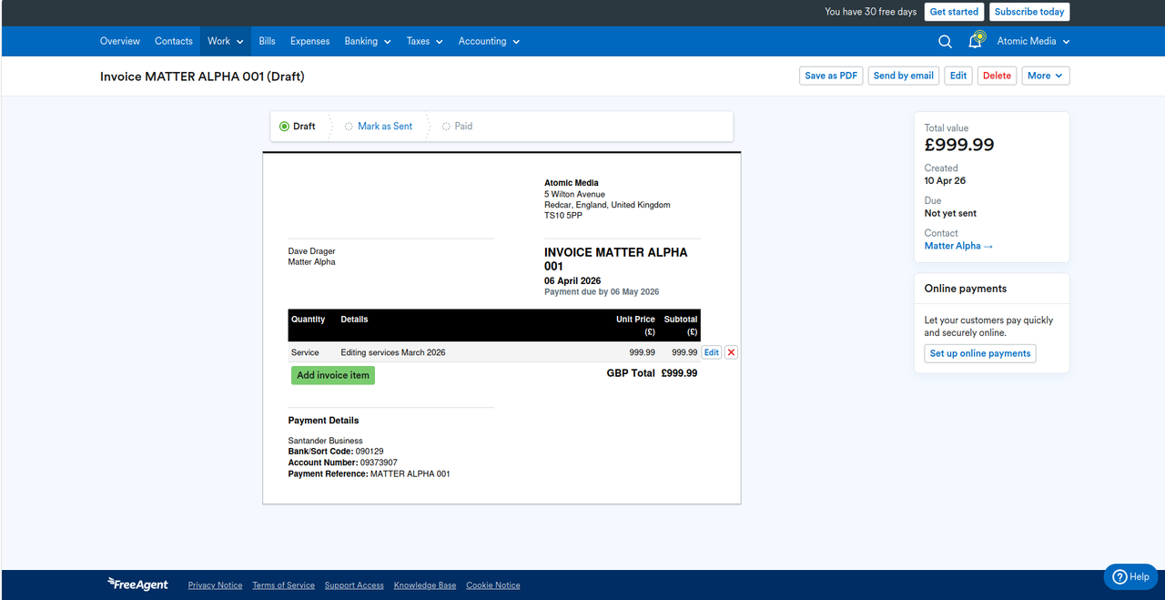Screenshot of FreeAgent's MTD software
