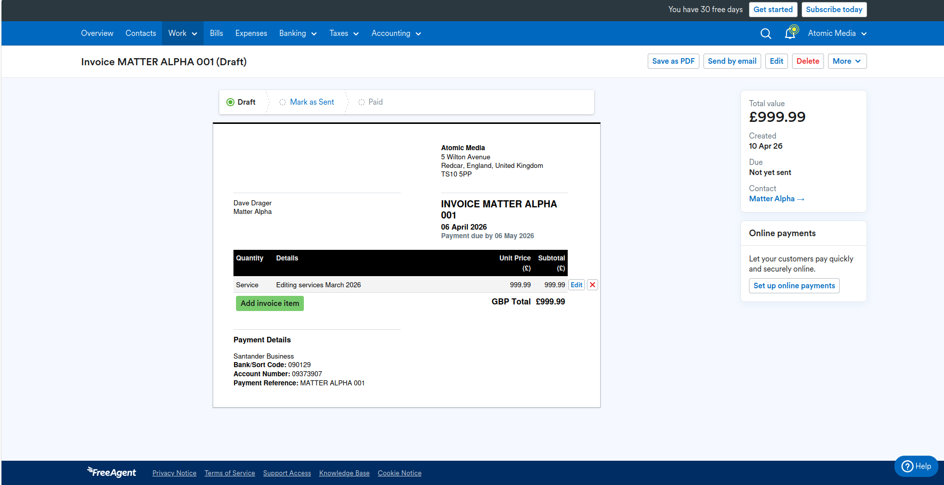 Screenshot of FreeAgent's MTD software
