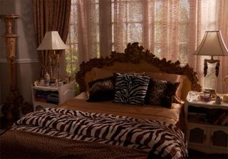 bedroom with tiger print cushion covers and blankets