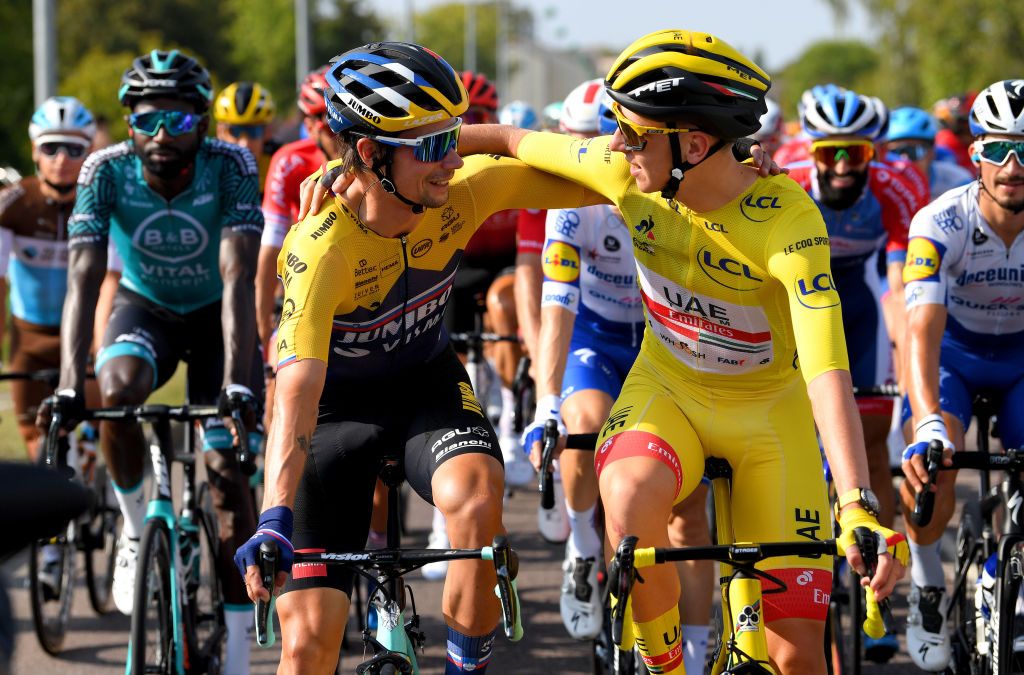 PARIS FRANCE SEPTEMBER 20 Primoz Roglic of Slovenia and Team Jumbo Visma Tadej Pogacar of Slovenia and UAE Team Emirates Yellow Leader Jersey during the 107th Tour de France 2020 Stage 21 a 122km stage from MantesLaJolie to Paris Champslyses TDF2020 LeTour on September 20 2020 in Paris France Photo by Tim de WaeleGetty Images