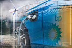 BP oil company graphic showing the logo, windfarm and a car