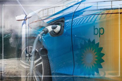 BP oil company graphic showing the logo, windfarm and a car