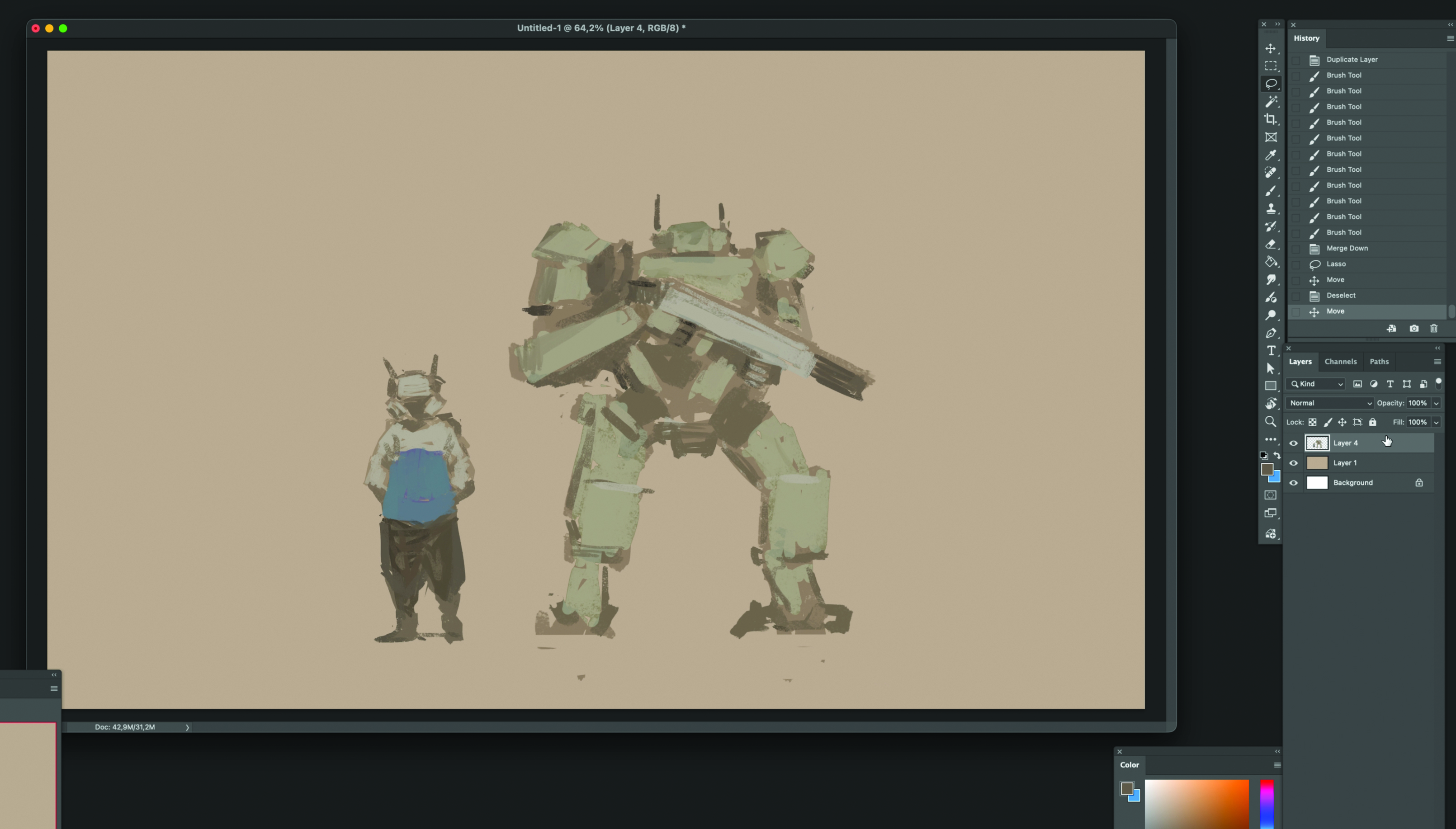 Part of the process of creating concept art with a robot character