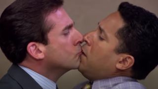 Michael (Steve Carell) and Oscar (Oscar Nunez) share an uncomfortable kiss