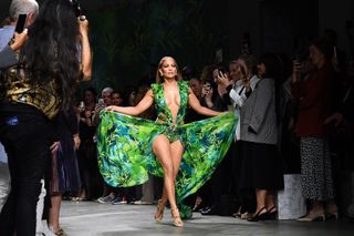 Jennifer Lopez walks the runway at the Versace show during the Milan Fashion Week Spring/Summer 2020 on September 20, 2019 in Milan, Italy
