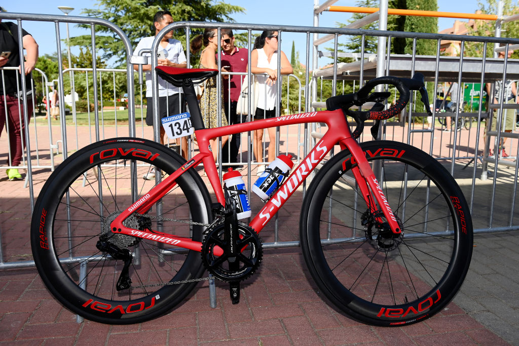 MADRID SPAIN SEPTEMBER 11 Detailed view of the Specialized red custom bike of Remco Evenepoel of Belgium and Team QuickStep Alpha Vinyl final race winner during the 77th Tour of Spain 2022 Stage 21 a 967km stage from Las Rozas to Madrid LaVuelta22 WorldTour on September 11 2022 in Madrid Spain Photo by Tim de WaeleGetty Images