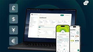 ExpressVPN apps on desktop and mobile with different currency graphics down the left hand side