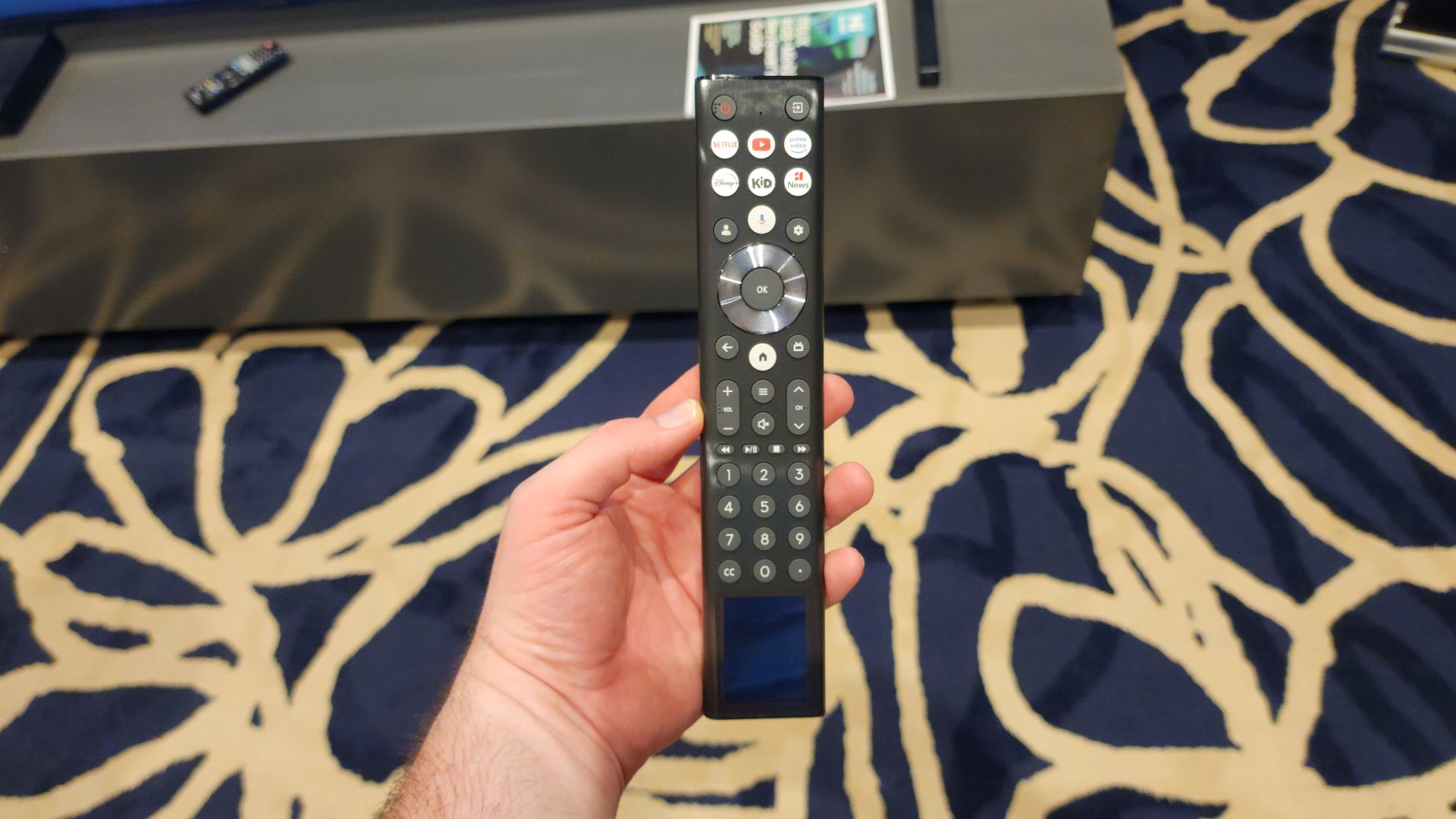 Hisense 116UX remote control held in hand