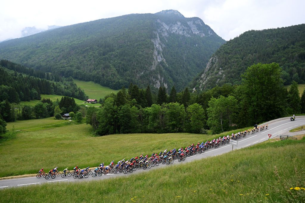 CRESTVOLAND FRANCE JUNE 09 A general view of the peloton climbing to the Col des Aravis 1486 during the 75th Criterium du Dauphine 2023 Stage 6 a 1702km stage from Nantua to CrestVoland 1218m UCIWT on June 09 2023 in CrestVoland France Photo by Dario BelingheriGetty Images