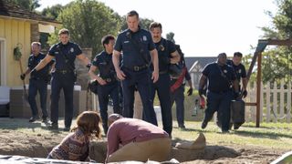 Oliver Stark, Kenneth Choi, Peter Krause and Ryan Guzman in 9-1-1 season 8