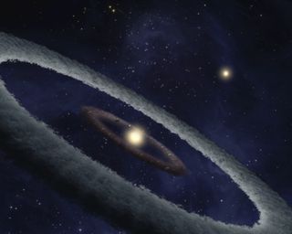 An artist's conception of a rocky, Earth-like planet forming in a star system 424 light-years away. A belt of rocky material feeds the planet's formation in this early stage.