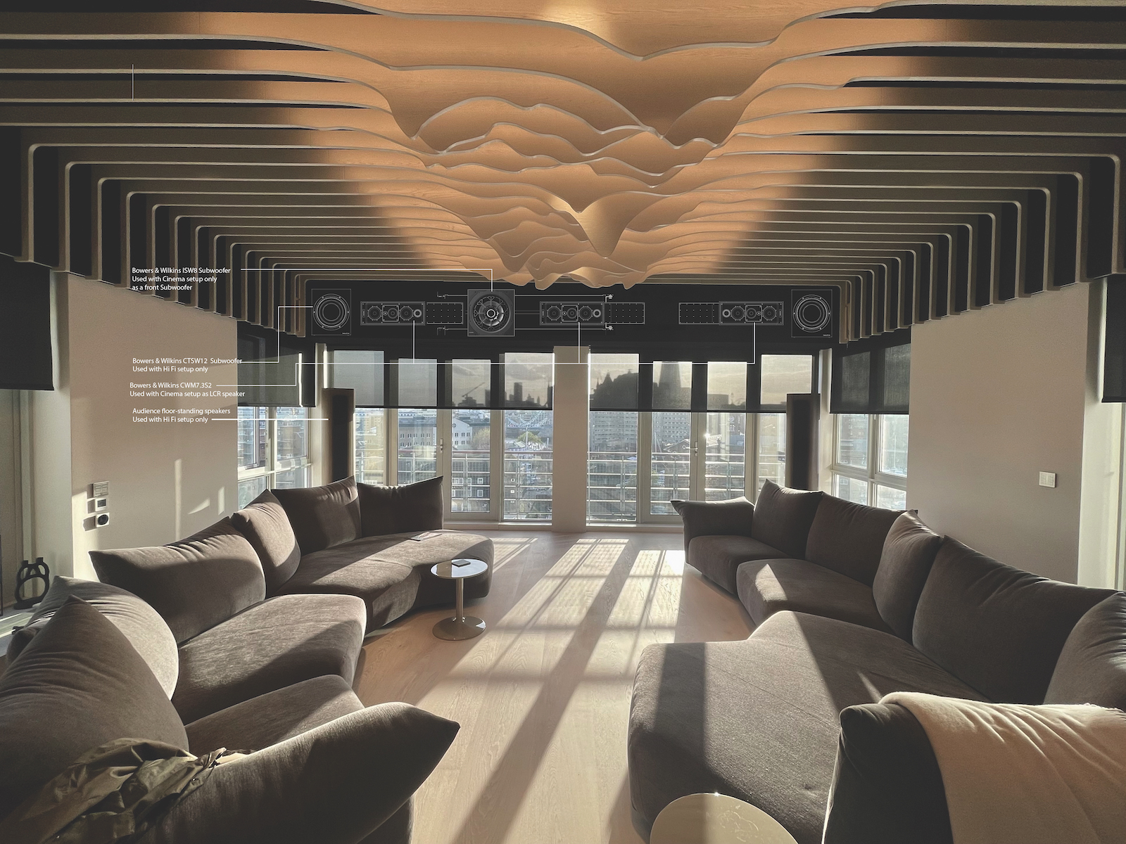 A photograph of a custom install home cinema and hi-fi system in a London penthouse apartment